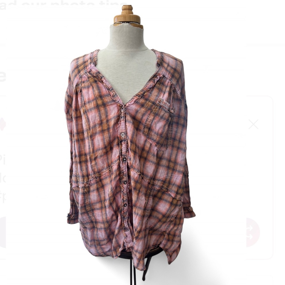 We the Free pink orange blue flannel plaid Raw Hem Button Up Shirt w pockets XL